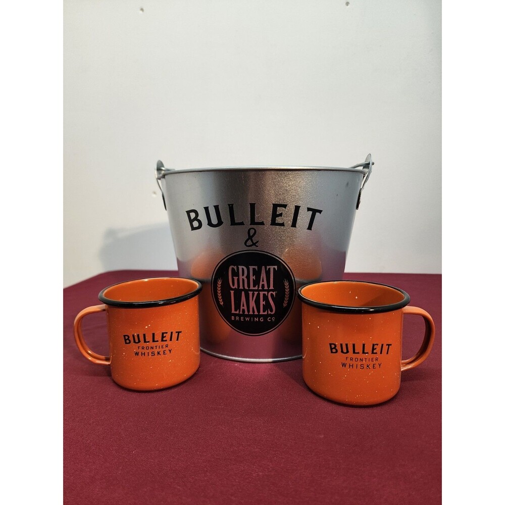 Bulliet Bourbon Collectible Bucket and 2 Enamel Coffee Mugs